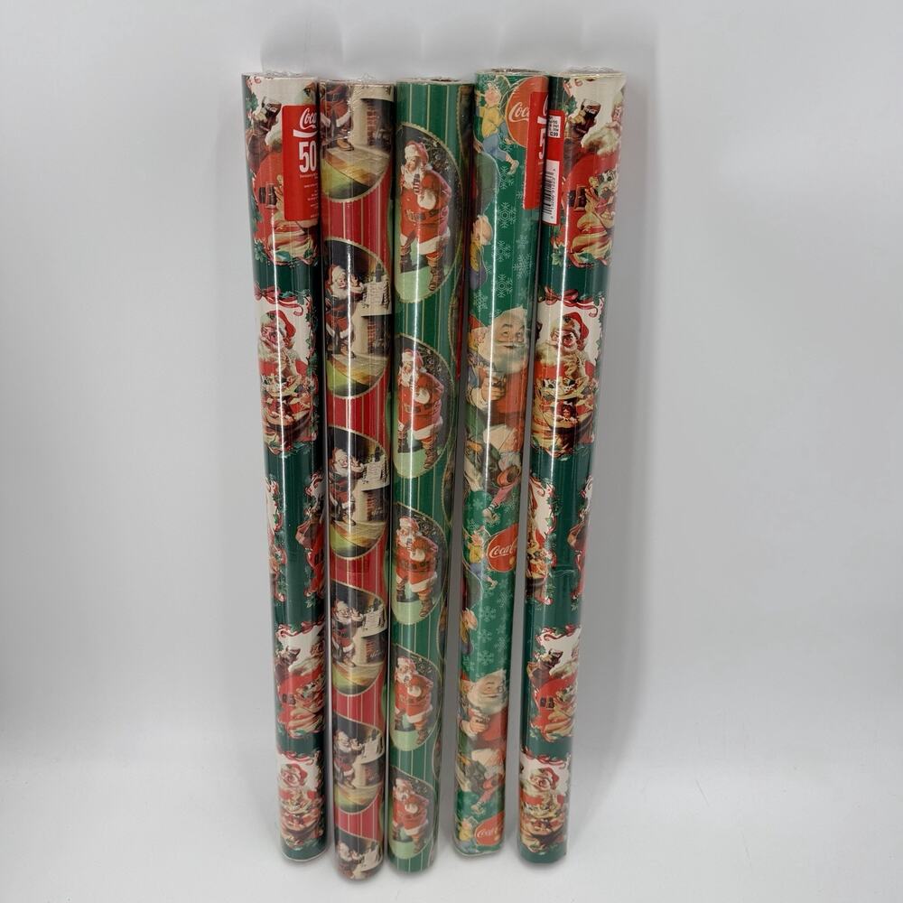 Lot of 5 Rolls Vintage Coca-Cola Christmas Wrapping Paper NEW SEALED - Picture 9 of 10